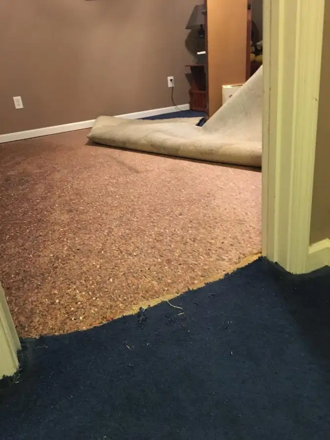 Carpet pad removal revealing water damage during Drying & Dehumidification in Walkertown